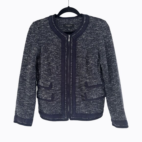 Talbots Tweed Knit Blazer Jacket Cardigan Sz S Braided Trim Full Zip Navy Preppy - Picture 1 of 8
